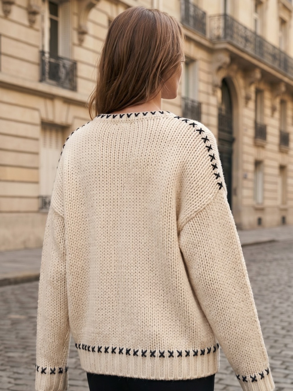 Elegant Cream Sweater with Black Detailing Perfect For Cold Days & Layering - Picture 2 of 4